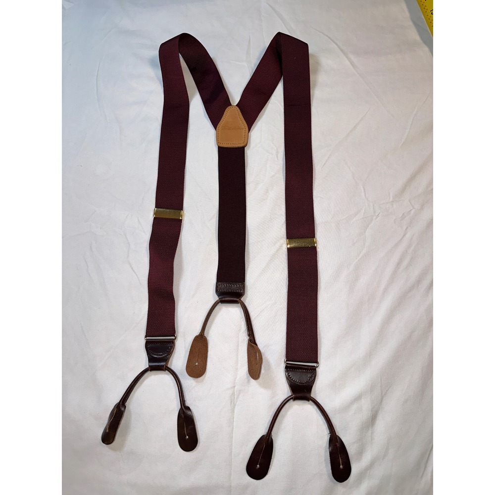 Brooks Brothers Mens Burgundy Y-Back Leather Button Suspenders Made in England